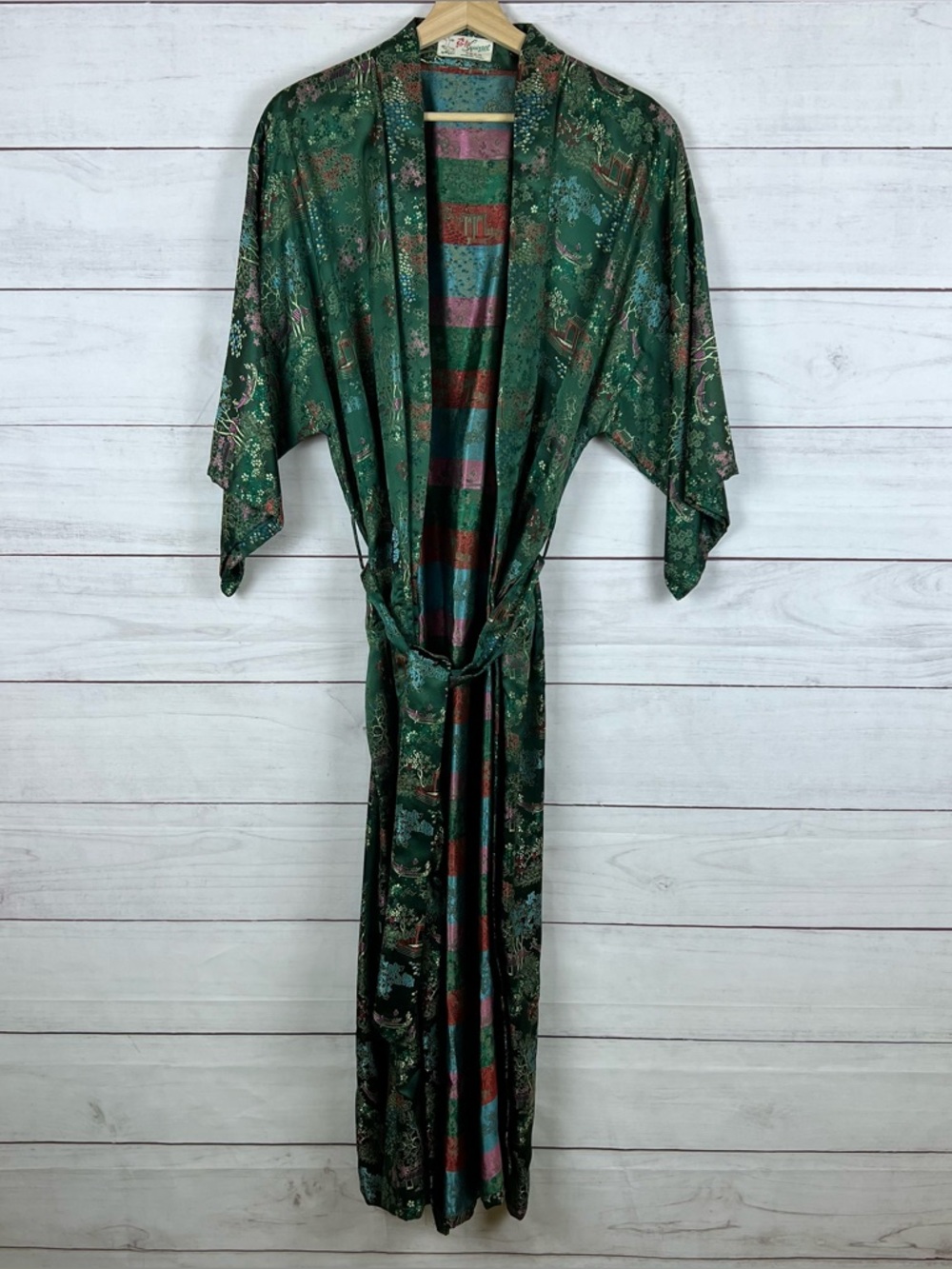 Vintage Solz Squirrel Embroidered Brocade Chinese Kimono Robe Belted Small